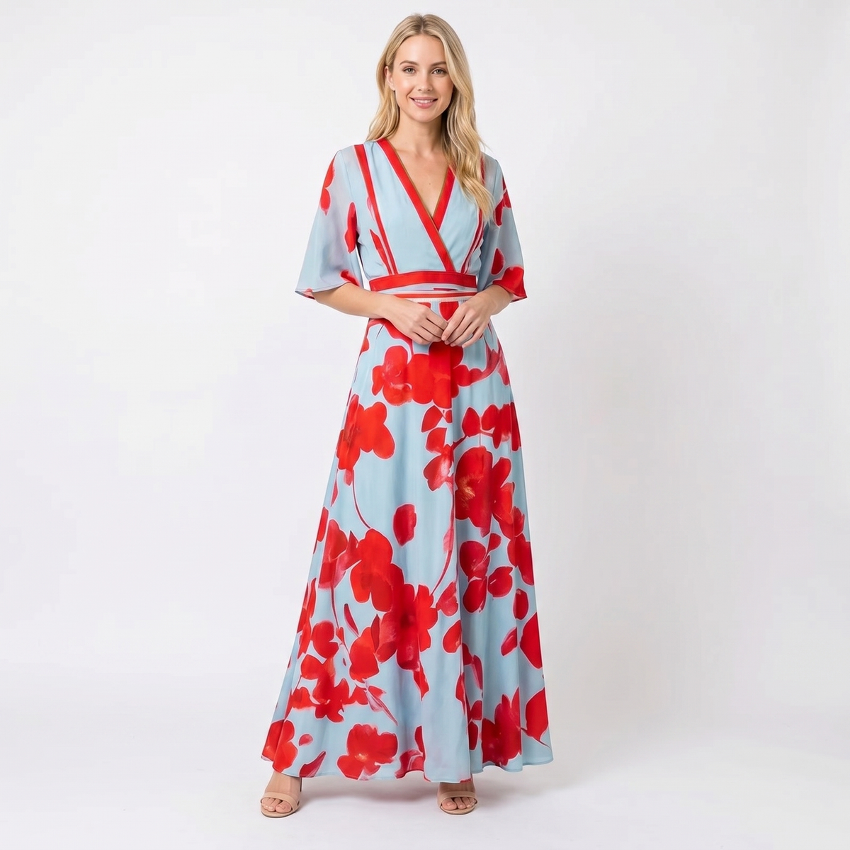 Women's Floral Print Maxi Dress Deep V-Neck Flutter Sleeve A-Line Occasion