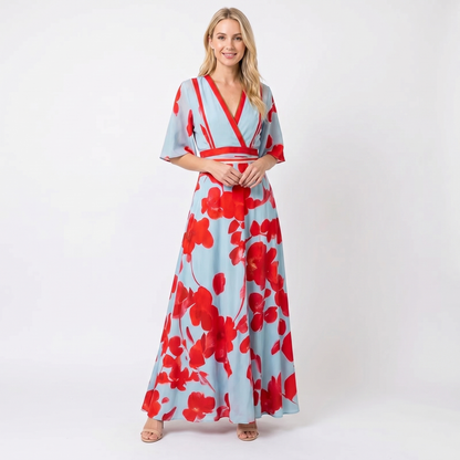 Women's Floral Print Maxi Dress Deep V-Neck Flutter Sleeve A-Line Occasion