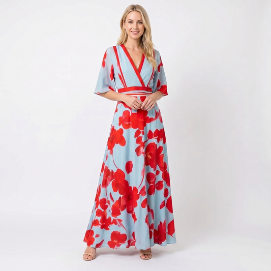 Vestido largo para mujer, estampado floral, escote en V profundo, mangas acampanadas, corte evasé y para ocasiones especiales