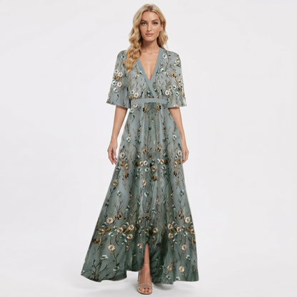 Women's Floral Print Maxi Dress Deep V-Neck Flutter Sleeve A-Line Occasion
