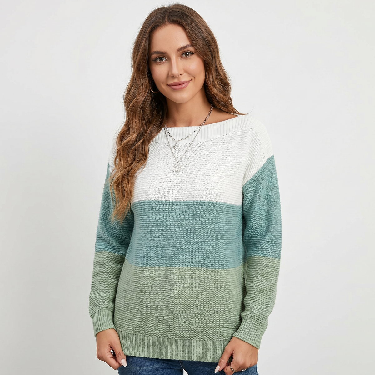 Women's Colour Block Knit Sweater Boat-Neck Long-Sleeve Relaxed-Fit
