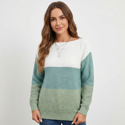 Women's Colour Block Knit Sweater Boat-Neck Long-Sleeve Relaxed-Fit