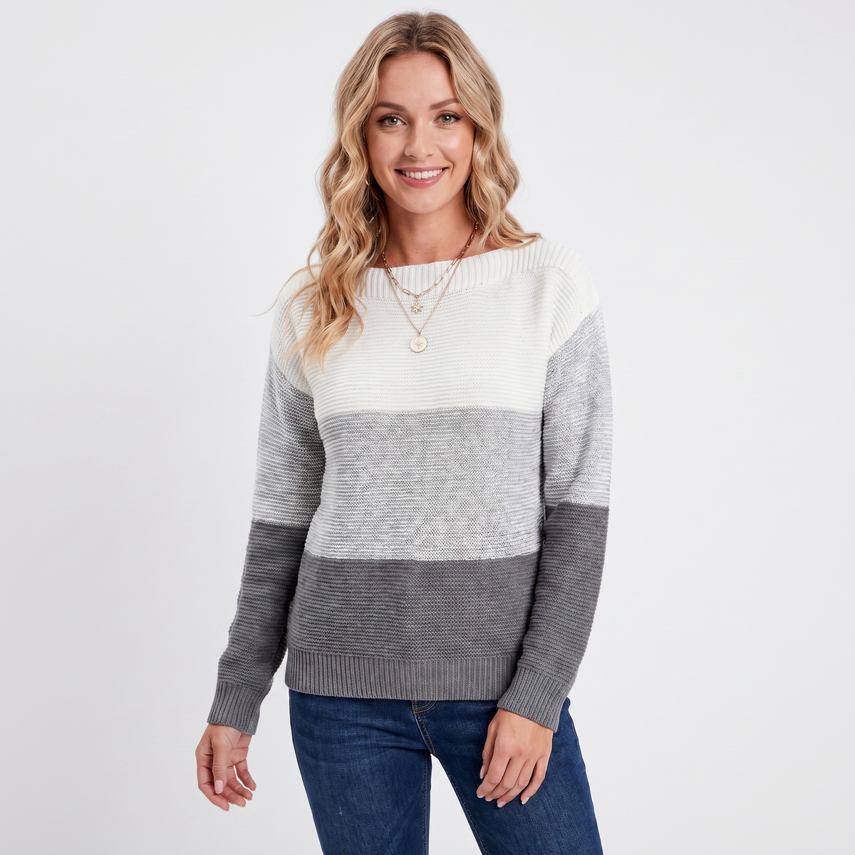 Women's Colour Block Knit Sweater Boat-Neck Long-Sleeve Relaxed-Fit
