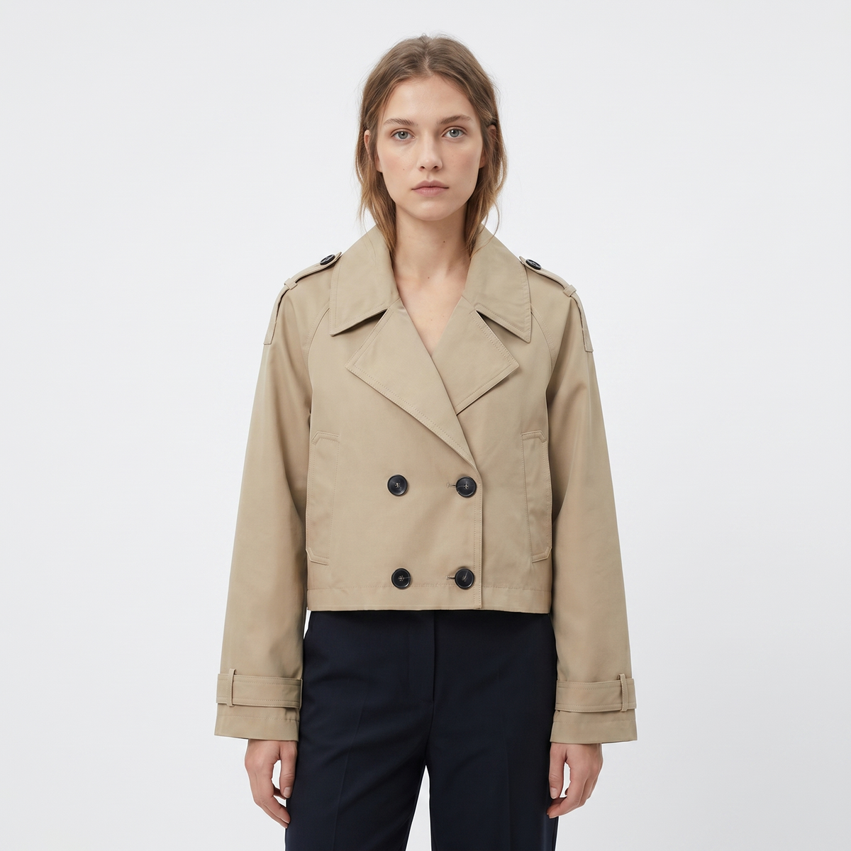 Women's Cropped Trench Jacket Double Breasted Epaulette Short Coat Spring Outerwear