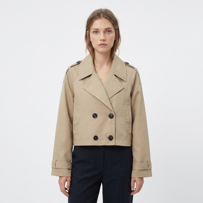 Women's Cropped Trench Jacket Double Breasted Epaulette Short Coat Spring Outerwear