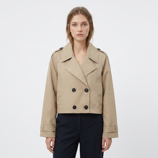 Women's Cropped Trench Jacket Double Breasted Epaulette Short Coat Spring Outerwear