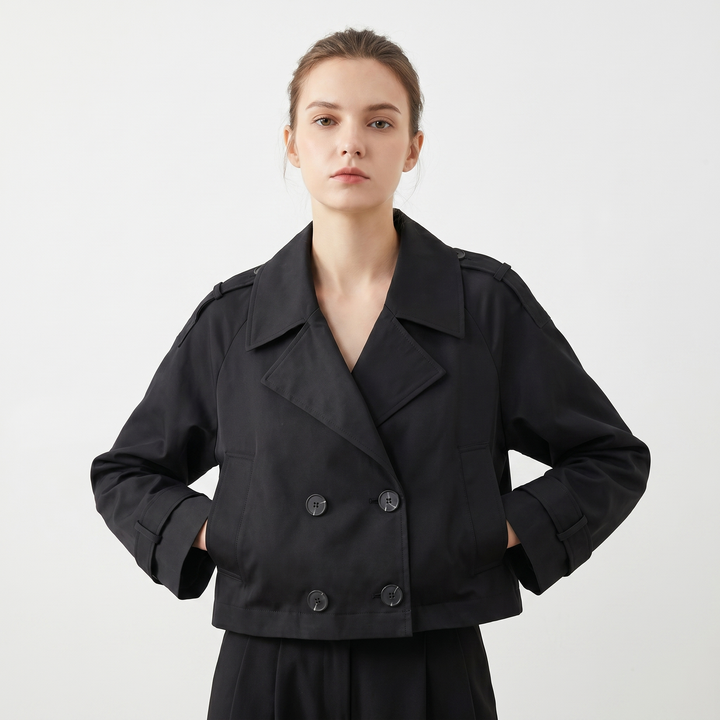 Gabardina Corta Cruzada para Mujer con Hombreras Abrigo Corto Primavera
