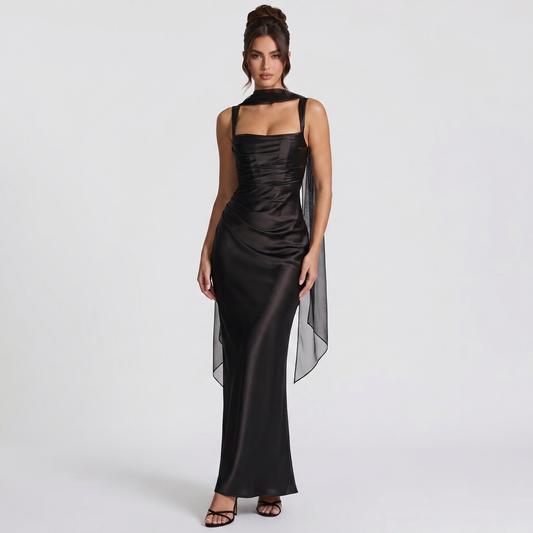 Women's Satin Ruched Maxi Dress Square Neck Scarf Tie Bodycon Formal Gown