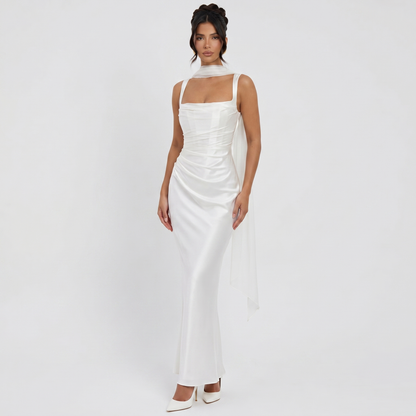 Women's Satin Ruched Maxi Dress Square Neck Scarf Tie Bodycon Formal Gown