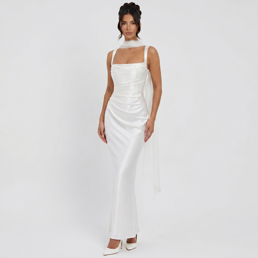 Vestido largo de satén para mujer, fruncido, con escote cuadrado, lazo tipo bufanda y corte ajustado, formal