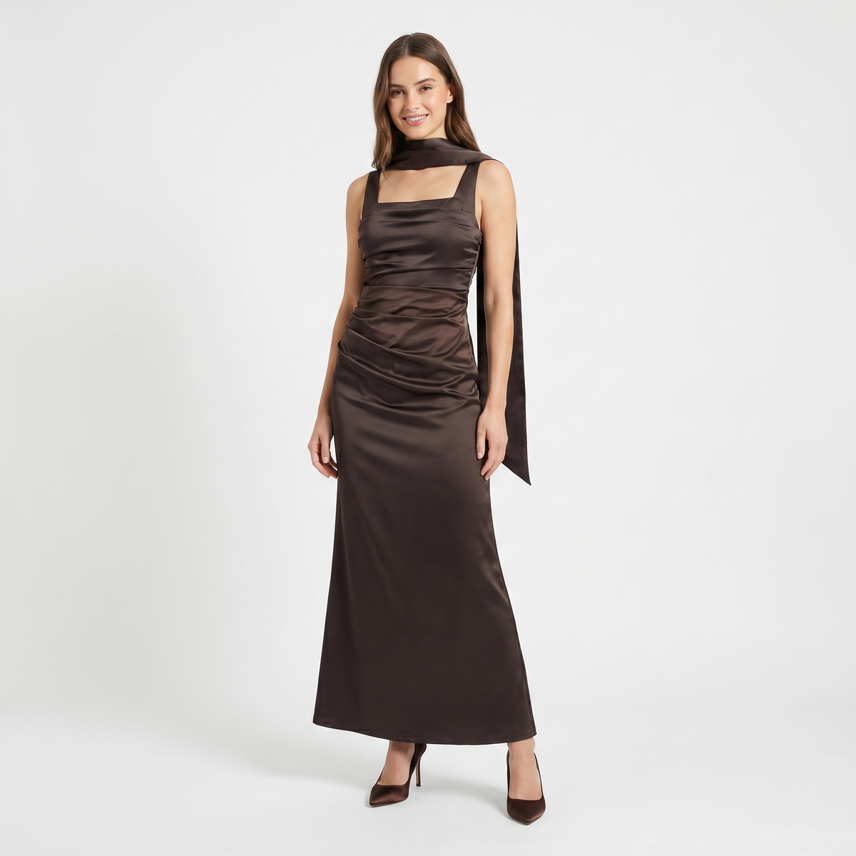Women's Satin Ruched Maxi Dress Square Neck Scarf Tie Bodycon Formal Gown