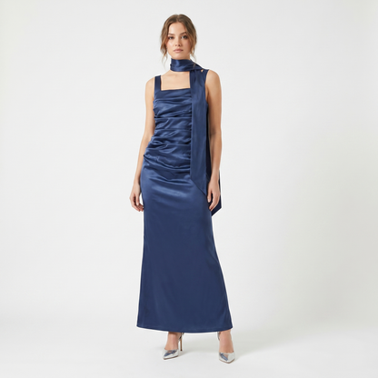 Women's Satin Ruched Maxi Dress Square Neck Scarf Tie Bodycon Formal Gown