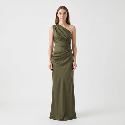 Women's One-Shoulder Satin Maxi Dress Ruched Bodycon Formal Gown