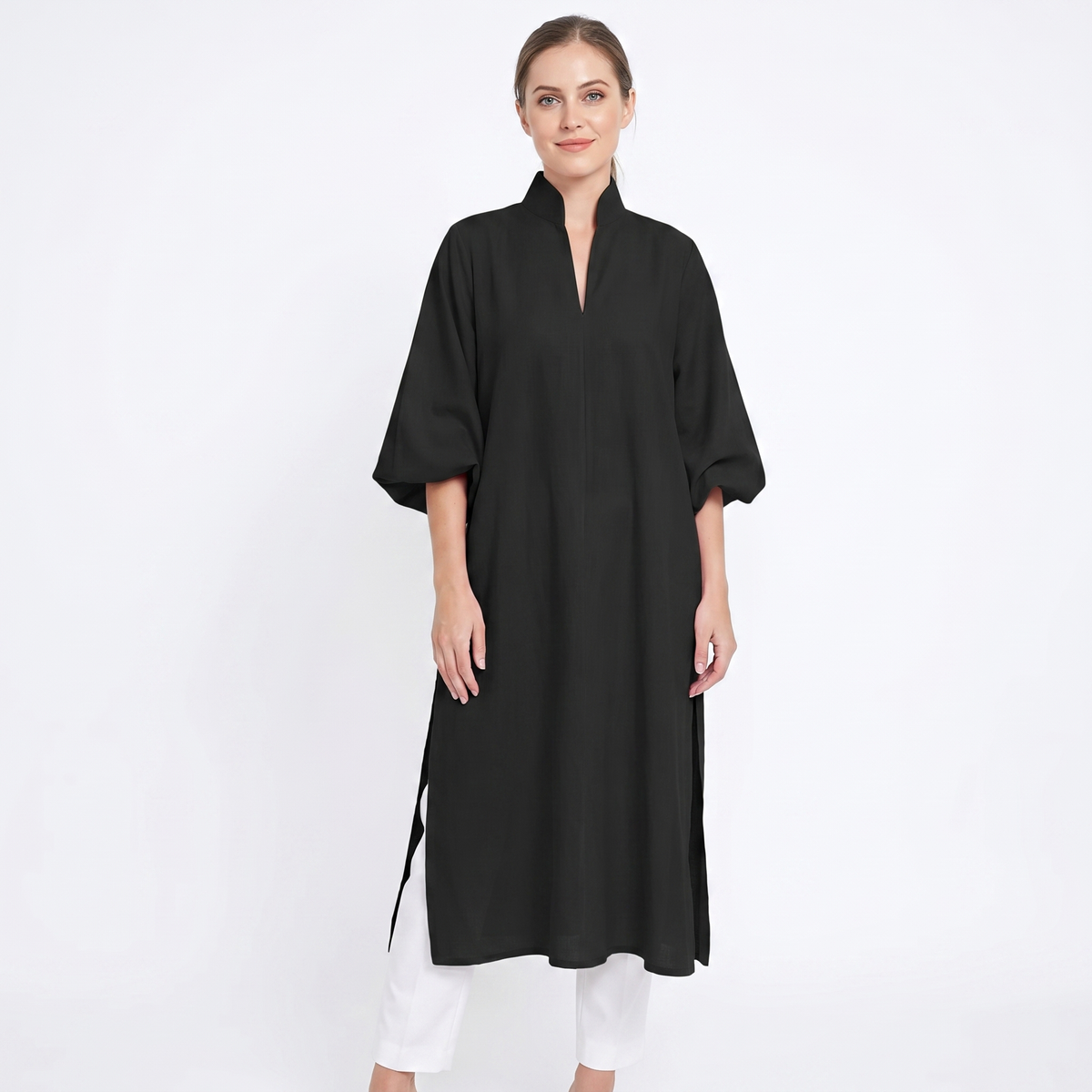 Women's Oversized Puff Sleeve Midi Shirt Dress Stand Collar Elegant Kaftan Dress