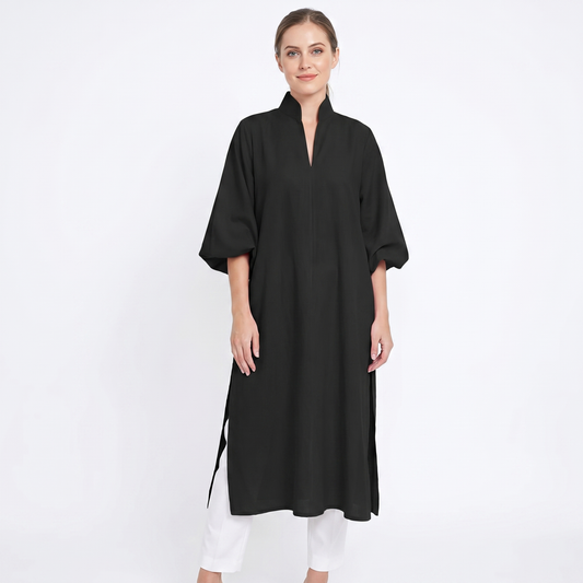 Vestido midi camisero elegante tipo kaftán para mujer, mangas abullonadas extragrandes y cuello mao