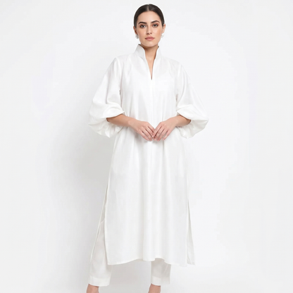 Women's Oversized Puff Sleeve Midi Shirt Dress Stand Collar Elegant Kaftan Dress