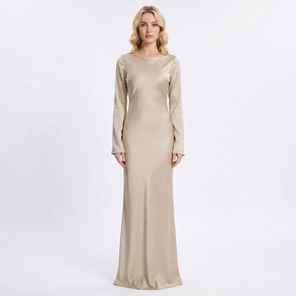 Women's Satin Maxi Dress Long Sleeve Scoop Neck Bodycon Formal Slip Gown