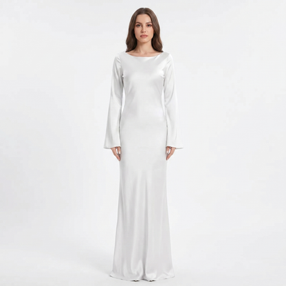 Women's Satin Maxi Dress Long Sleeve Scoop Neck Bodycon Formal Slip Gown