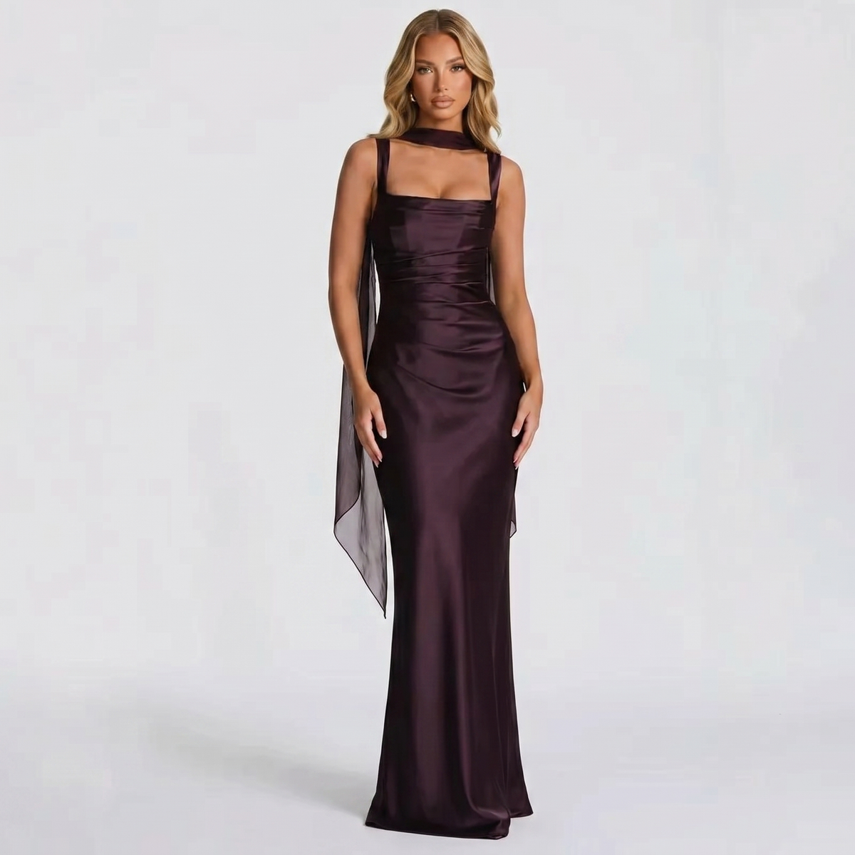 Women's Satin Maxi Dress Square Neck Ruched Bodice Winter Scarf Formal