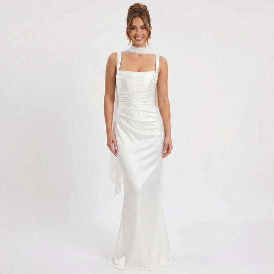 Vestido largo de satén para mujer, con escote cuadrado, corpiño fruncido, bufanda de invierno y diseño formal