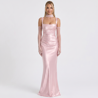 Women's Satin Maxi Dress Square Neck Ruched Bodice Winter Scarf Formal