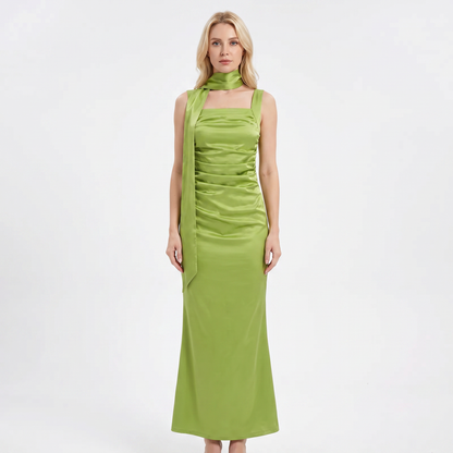 Women's Satin Maxi Dress Square Neck Ruched Bodice Winter Scarf Formal