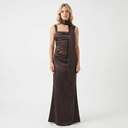 Women's Satin Maxi Dress Square Neck Ruched Bodice Winter Scarf Formal
