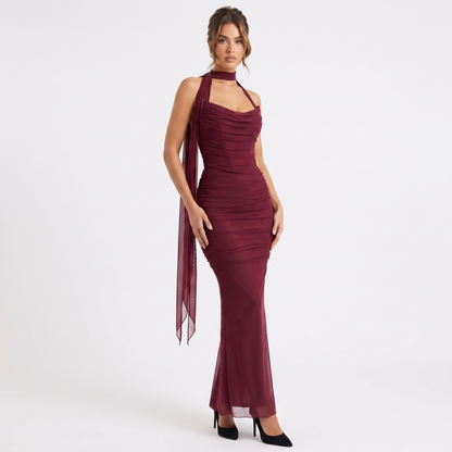 Women's Mesh Ruched Bodycon Maxi Dress Scarf Neck Sweetheart Formal Gown
