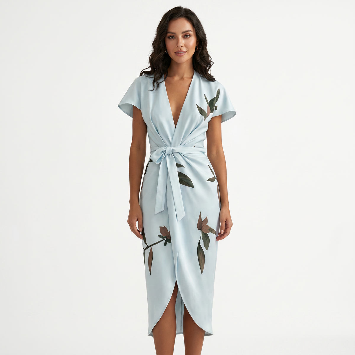 Women's Floral Leaf Print Wrap Midi Dress Deep V-Neck Belted Short Sleeve