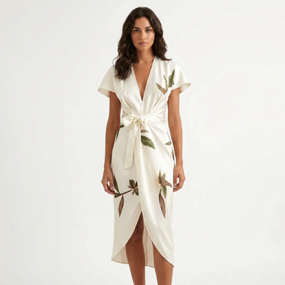 Women's Floral Leaf Print Wrap Midi Dress Deep V-Neck Belted Short Sleeve