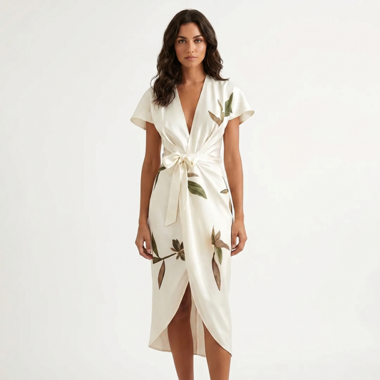 Women's Floral Leaf Print Wrap Midi Dress Deep V-Neck Belted Short Sleeve
