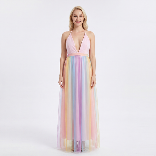 Women's Rainbow Tulle Maxi Dress Deep V-Neck Sleeveless Formal Evening Gown