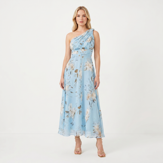 Women's Floral Chiffon One-Shoulder Midi Dress Ruched A-Line Wedding Guest