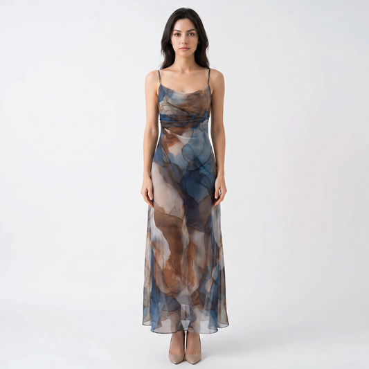 Women's Abstract Print Chiffon Maxi Dress Spaghetti Strap Sheer Overlay