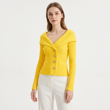 Women's Wide Lapel Bardot Ribbed Knit Cardigan Gold Button Fitted Jacket