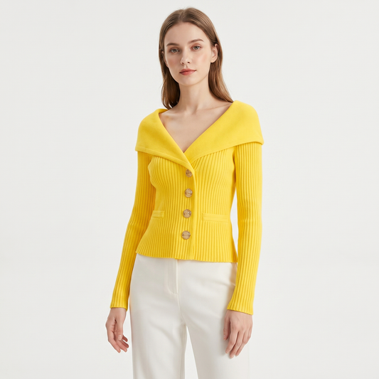 Women's Wide Lapel Bardot Ribbed Knit Cardigan Gold Button Fitted Jacket