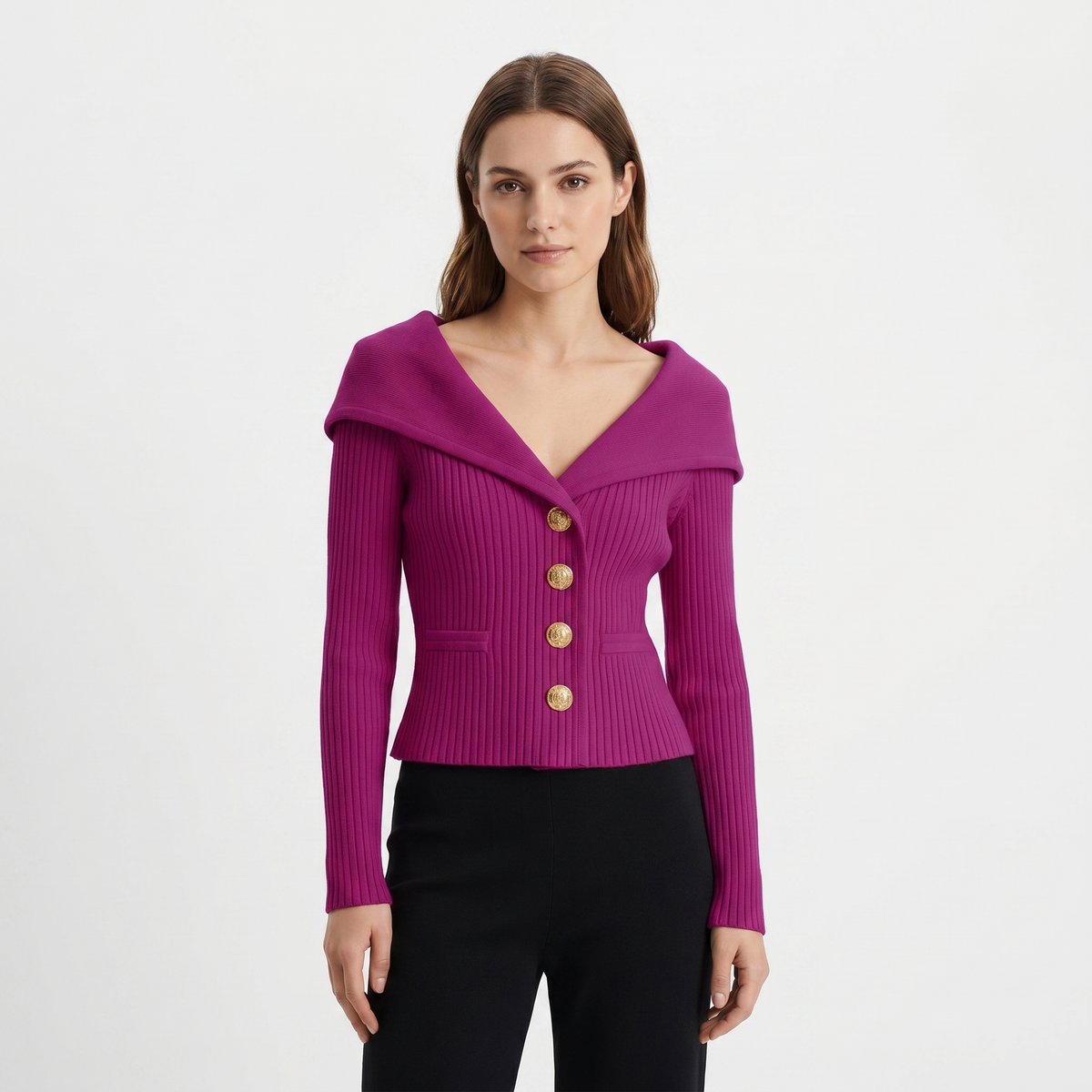 Women's Wide Lapel Bardot Ribbed Knit Cardigan Gold Button Fitted Jacket
