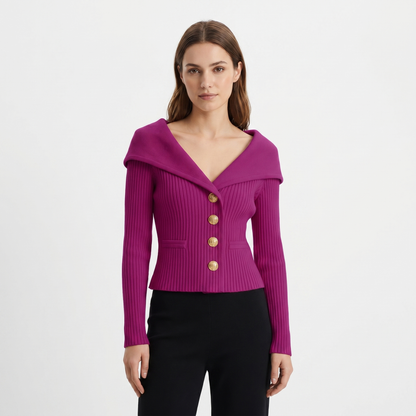 Women's Wide Lapel Bardot Ribbed Knit Cardigan Gold Button Fitted Jacket