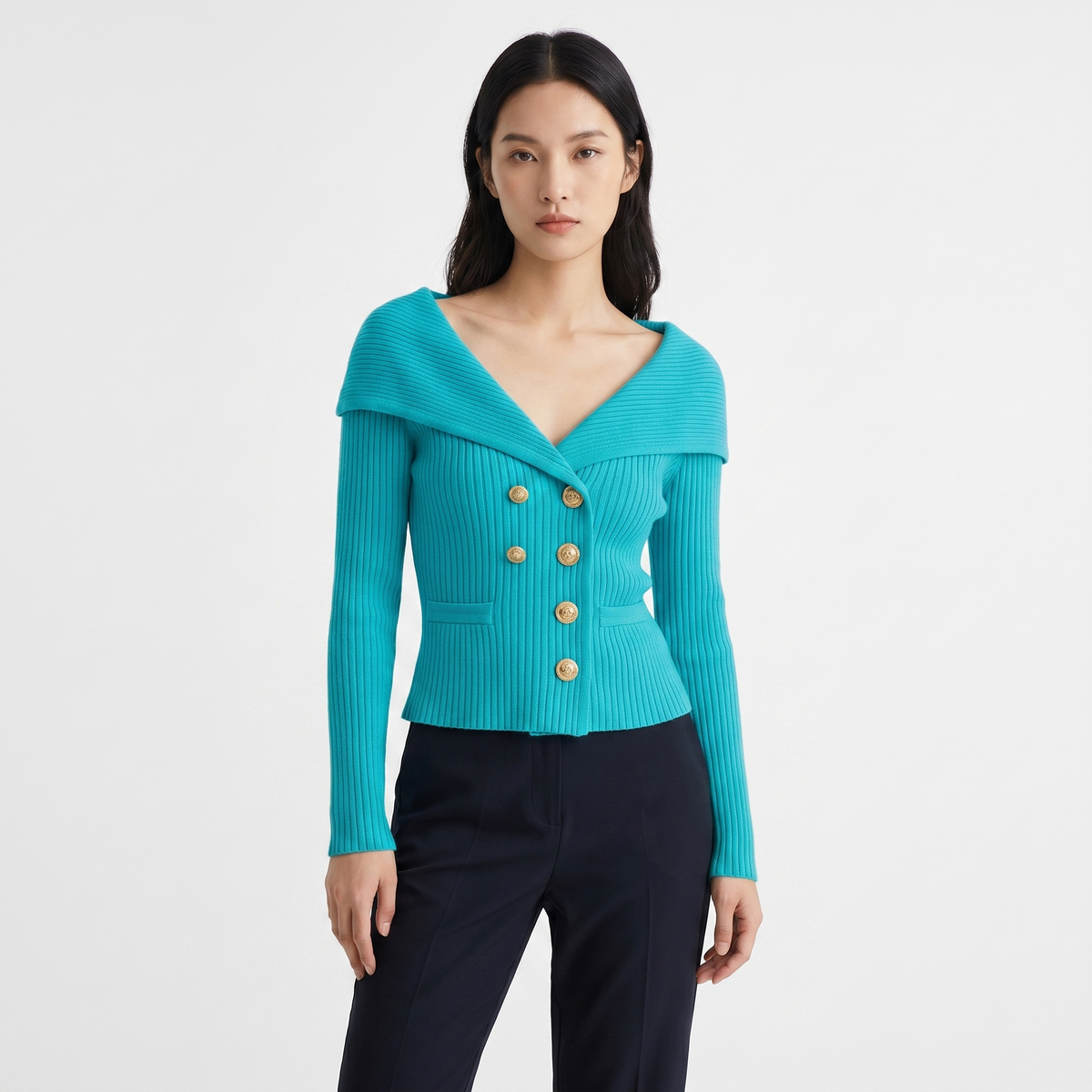 Women's Wide Lapel Bardot Ribbed Knit Cardigan Gold Button Fitted Jacket
