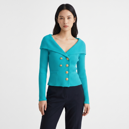 Women's Wide Lapel Bardot Ribbed Knit Cardigan Gold Button Fitted Jacket