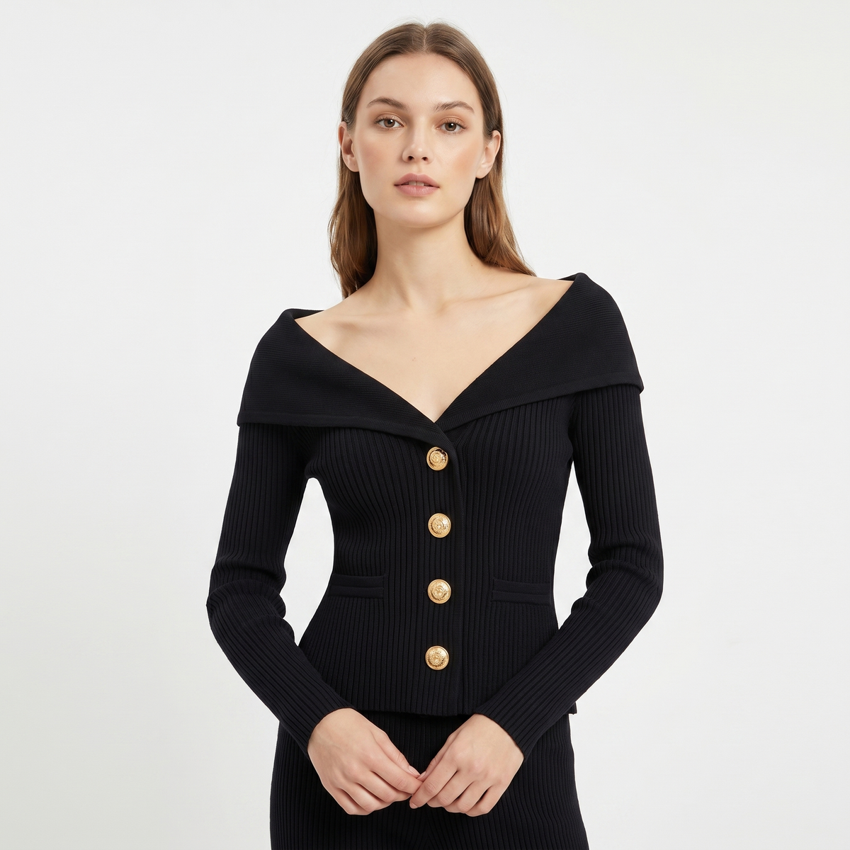 Women's Wide Lapel Bardot Ribbed Knit Cardigan Gold Button Fitted Jacket