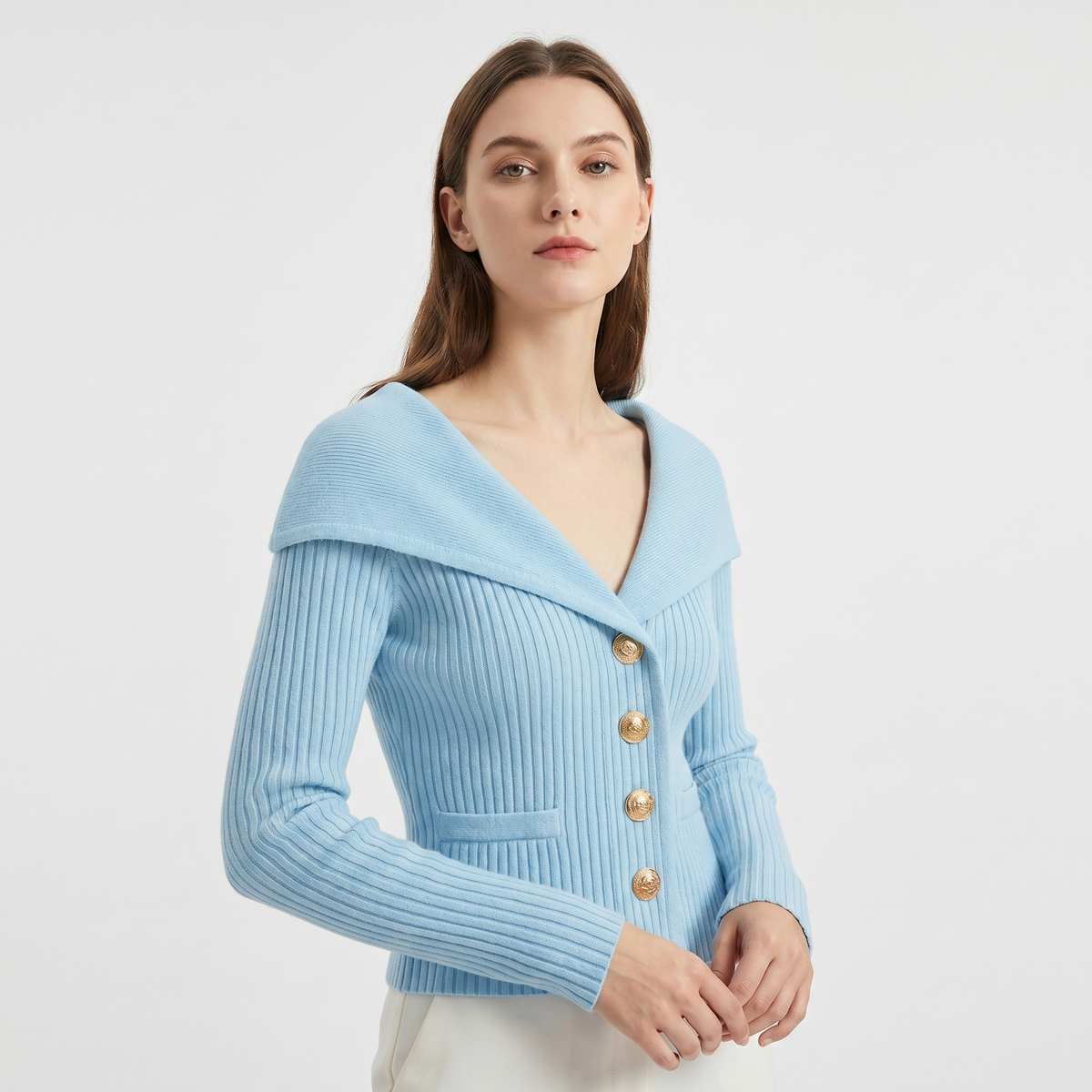 Women's Wide Lapel Bardot Ribbed Knit Cardigan Gold Button Fitted Jacket