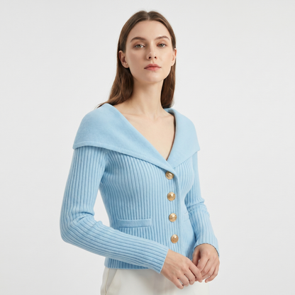 Women's Wide Lapel Bardot Ribbed Knit Cardigan Gold Button Fitted Jacket