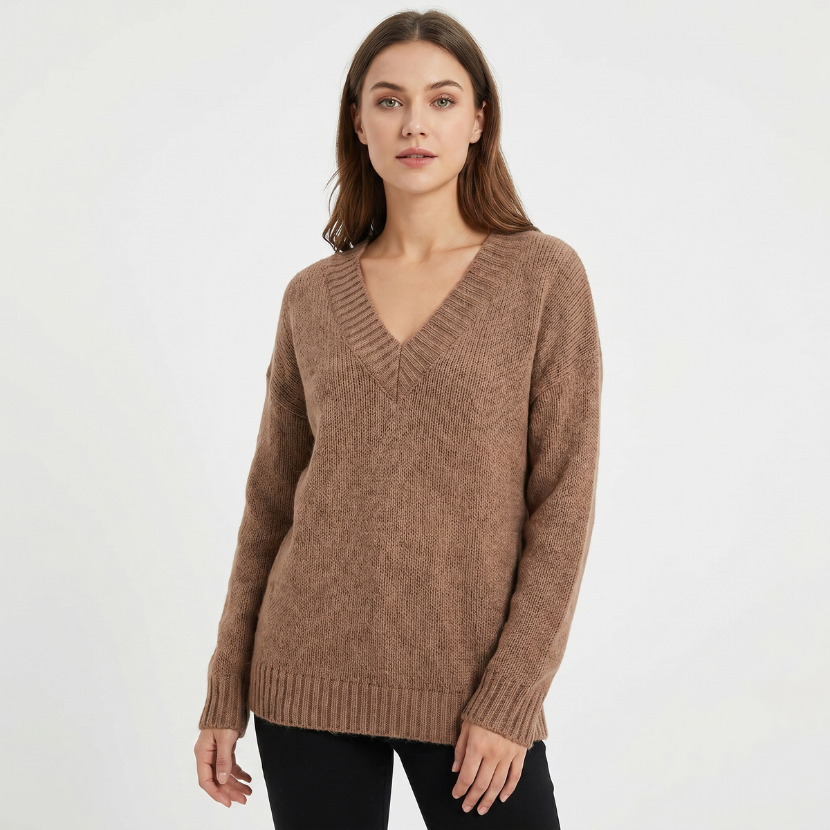 Women's V-Neck Oversized Knit Sweater Longline Relaxed-Fit Soft Wool Blend