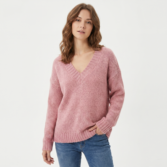 Suéter de punto extragrande para mujer, con cuello de pico, corte largo, holgado y mezcla de lana suave