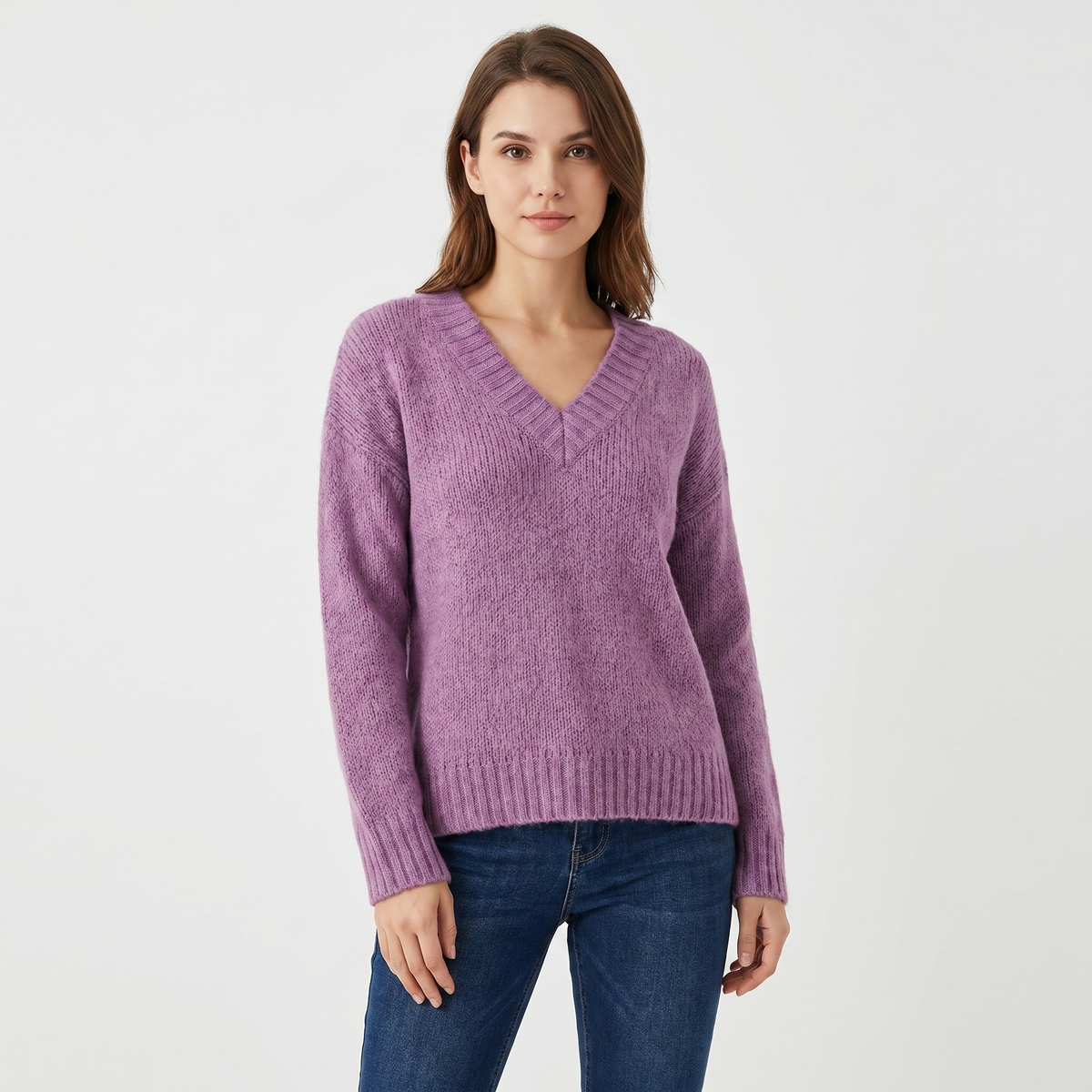 Women's V-Neck Oversized Knit Sweater Longline Relaxed-Fit Soft Wool Blend