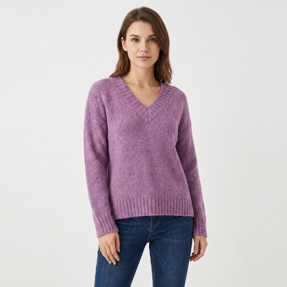 Women's V-Neck Oversized Knit Sweater Longline Relaxed-Fit Soft Wool Blend