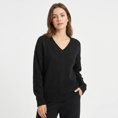 Women's V-Neck Oversized Knit Sweater Longline Relaxed-Fit Soft Wool Blend