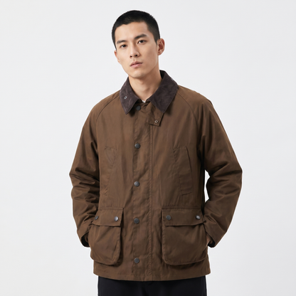 Men's Corduroy Collar Field Jacket Snap Button Country Barn Coat