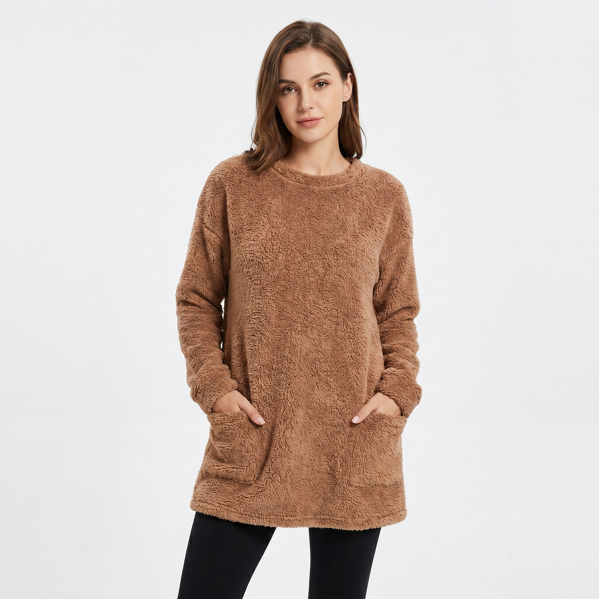 Women's Fluffy Fleece Tunic Top Oversized Crew-Neck Sherpa Lounge Pullover